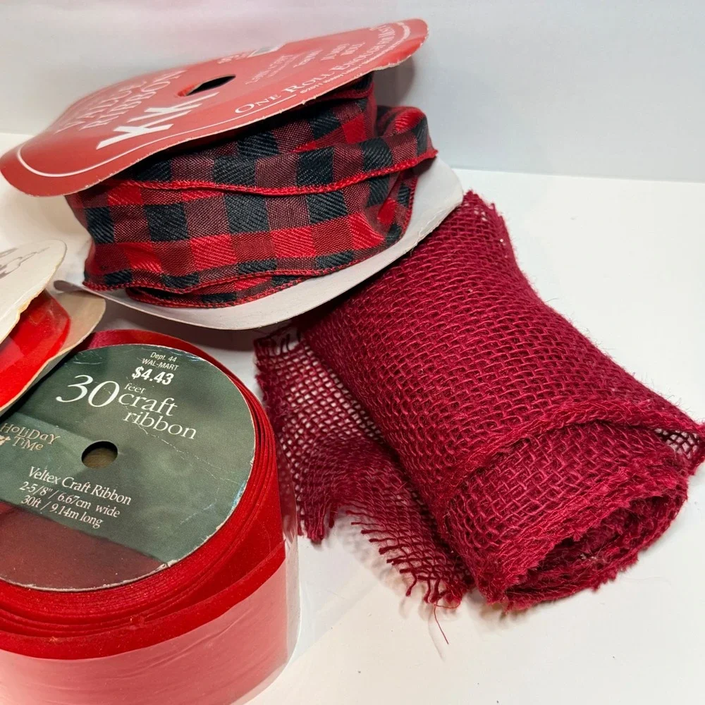 Red Craft Ribbon Lot Buffalo Plaid Burlap Veltex Christmas Holiday DIY 4pc